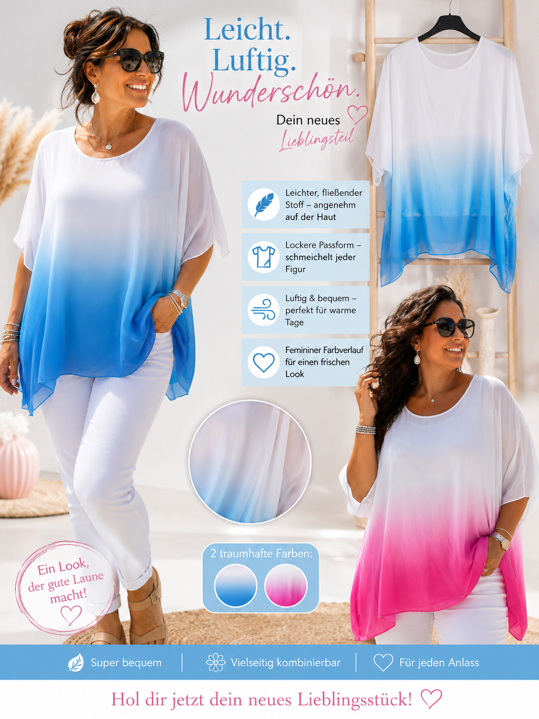 🌊💙 Sommer-Bluse im Farbverlauf – Gr. 42–48 | Luftig & traumhaft leicht 💙🌊