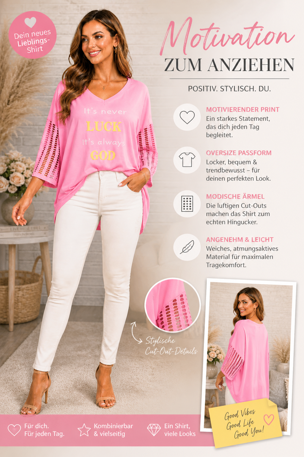 ✨ Oversize-Shirt „It’s never LUCK – It’s always GOD“ 💗