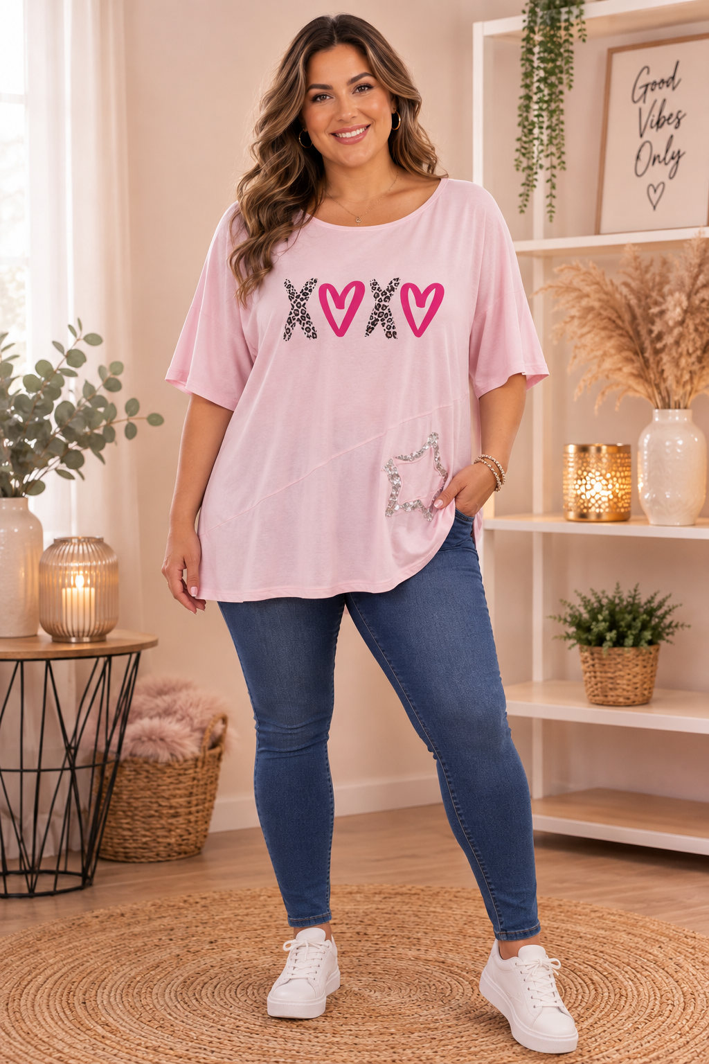 💕 Oversize Shirt „XOXO“ mit Pailletten-Stern – Rosa & Weiß