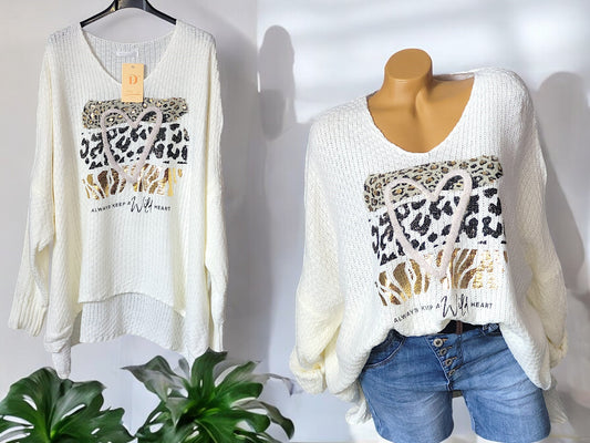 Oversize Grobstrick - Pullover Herz Gr, 40 - 46 in 3 Farben