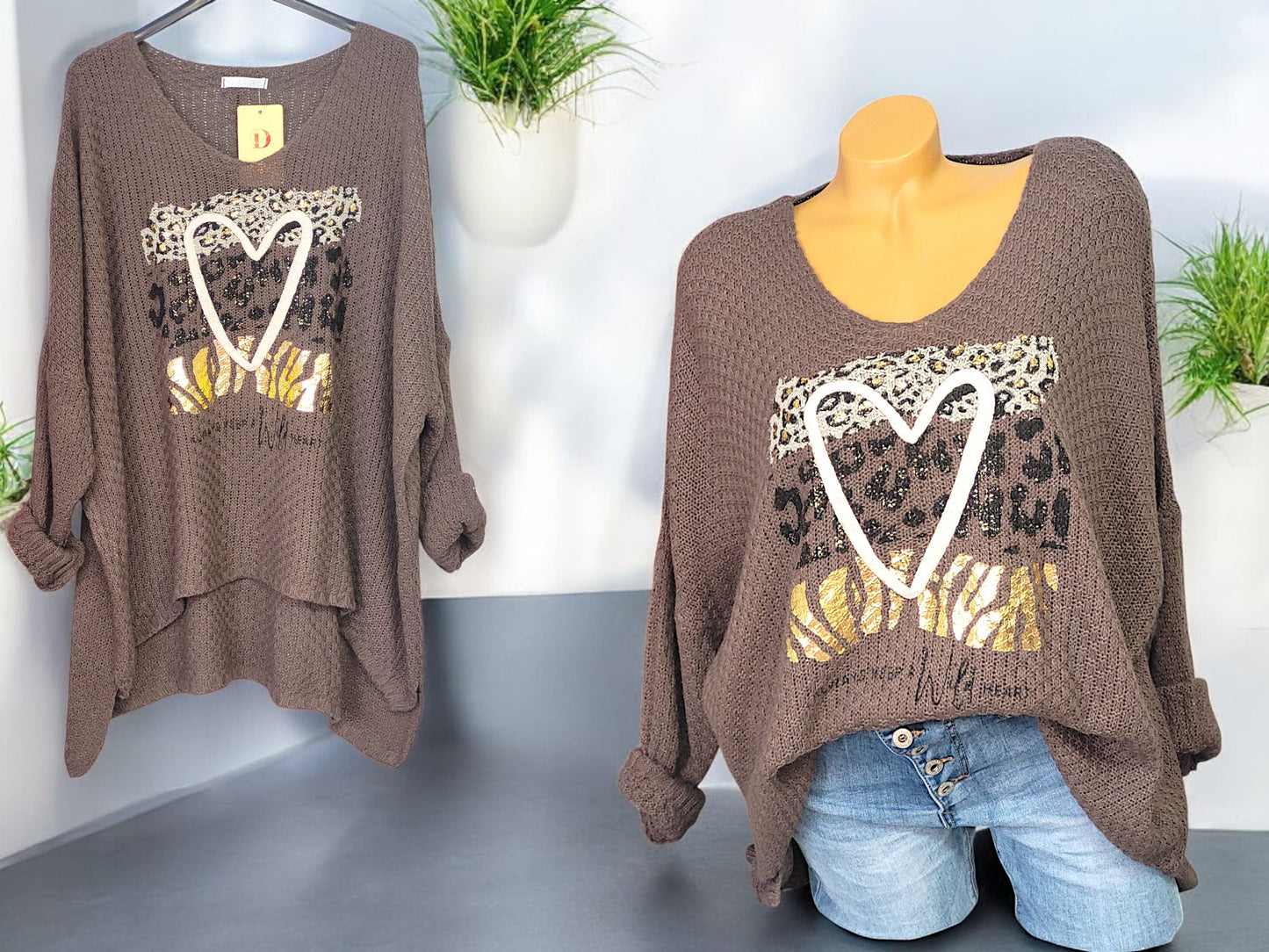 Oversize Grobstrick - Pullover Herz Gr, 40 - 46 in 3 Farben