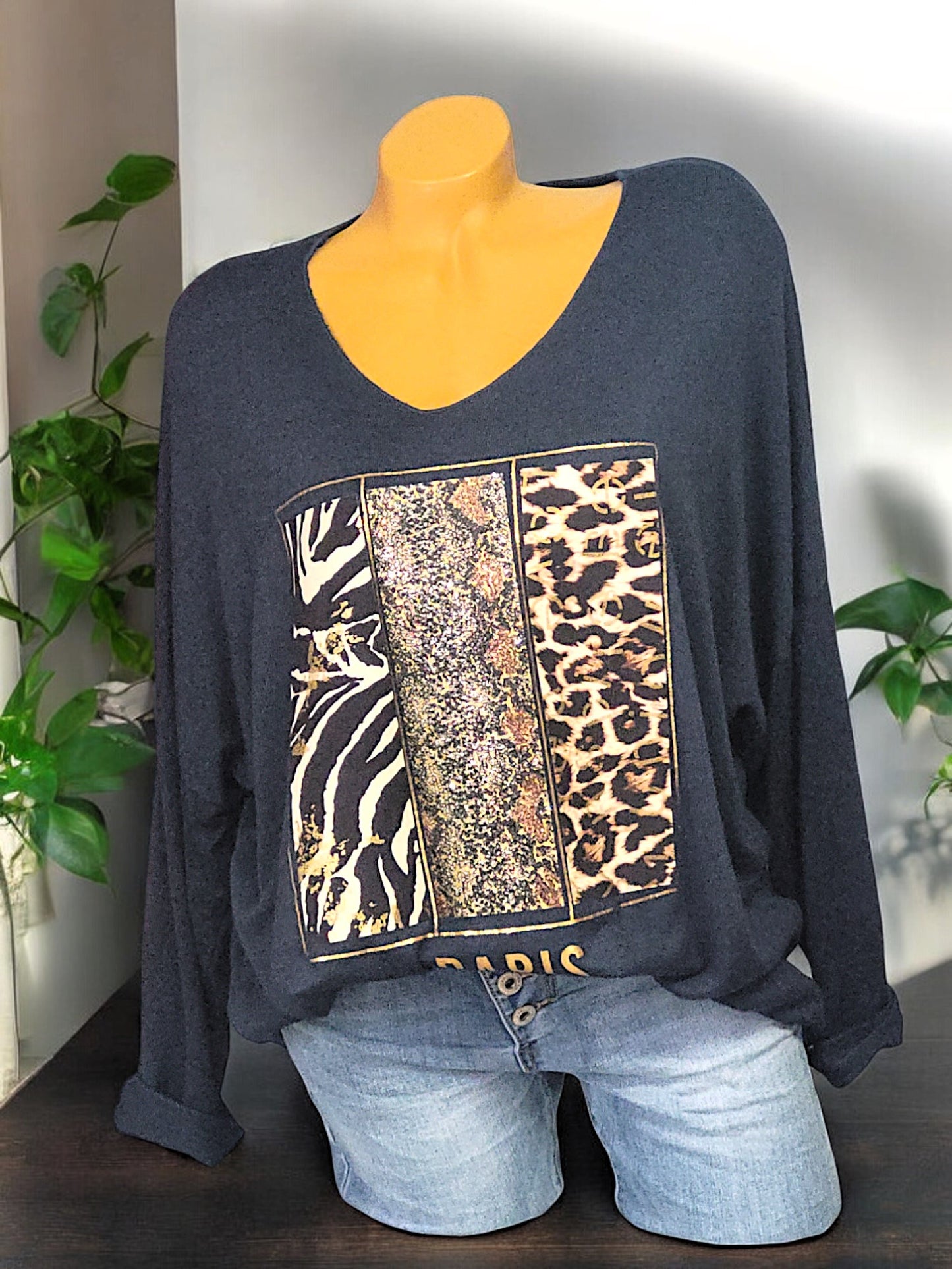 Feinstrick-Pullover mit Animal-Print und Pailletten Gr. 42 - 46 in versch. Farben