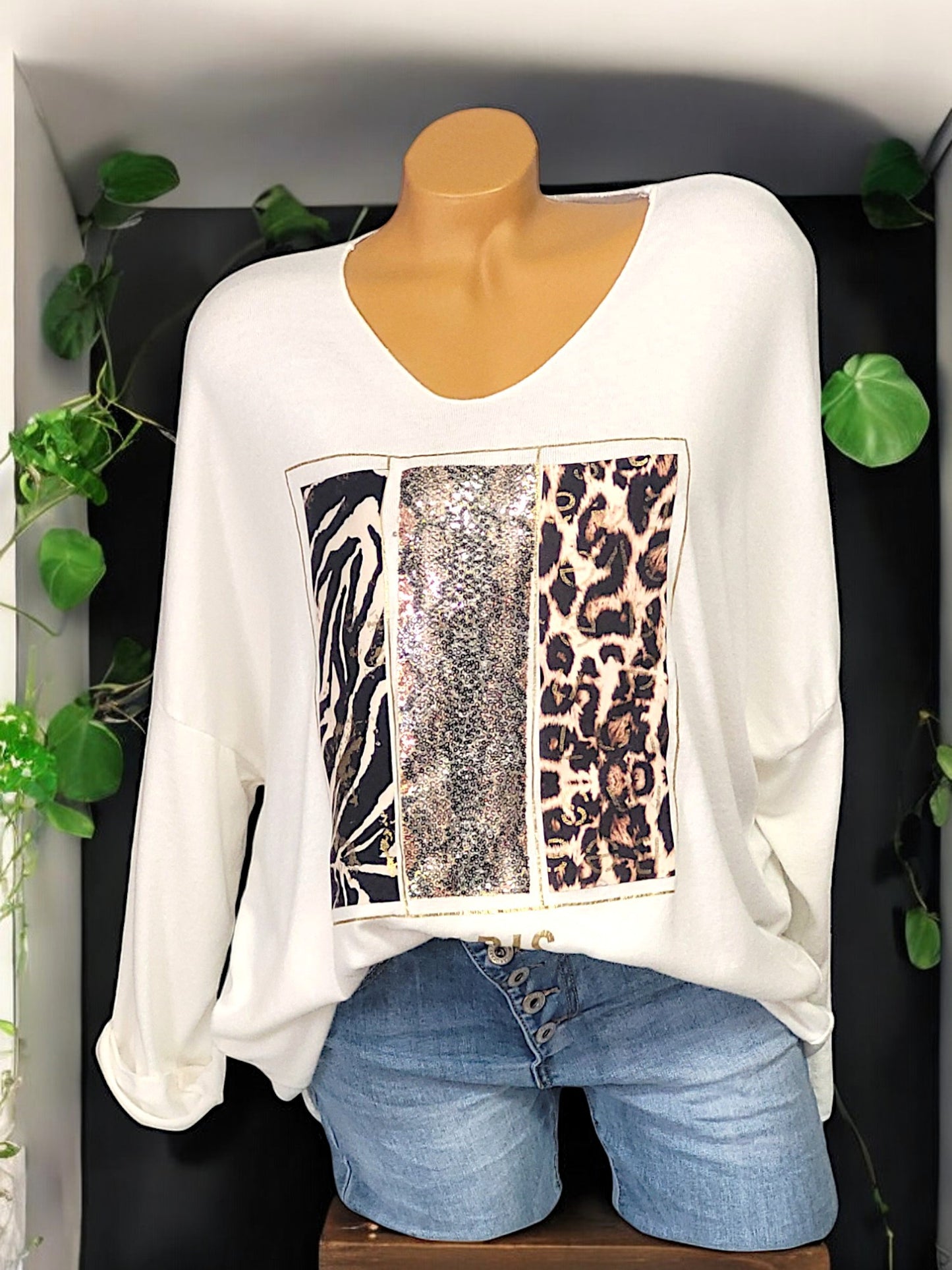 Feinstrick-Pullover mit Animal-Print und Pailletten Gr. 42 - 46 in versch. Farben