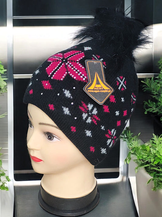 Bommel - Mütze mit Schneeflocken - Design und Strass