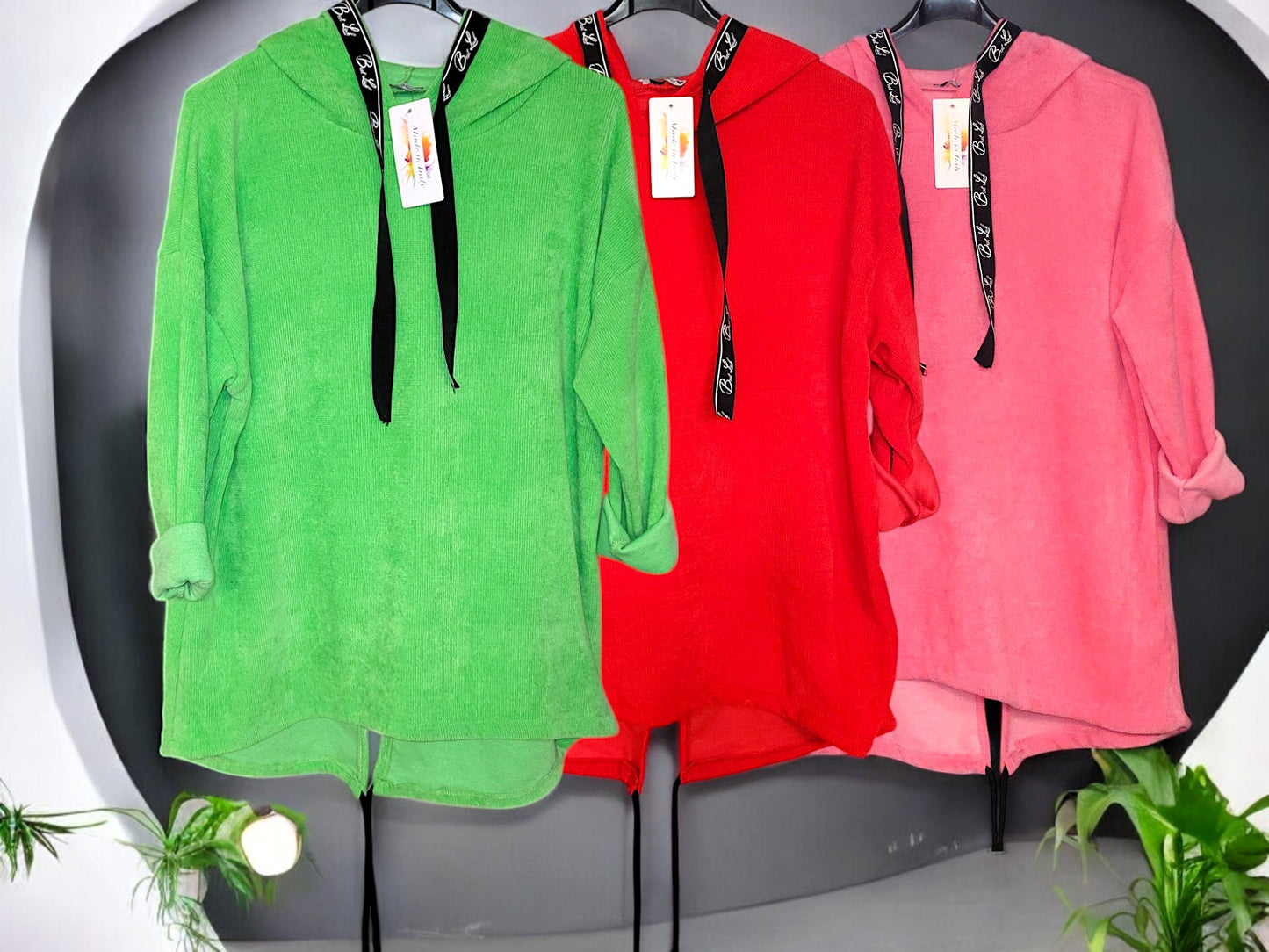 Feincord-Hoodie Uni mit Spruchband Gr. 42 - 46 in versch. Farben