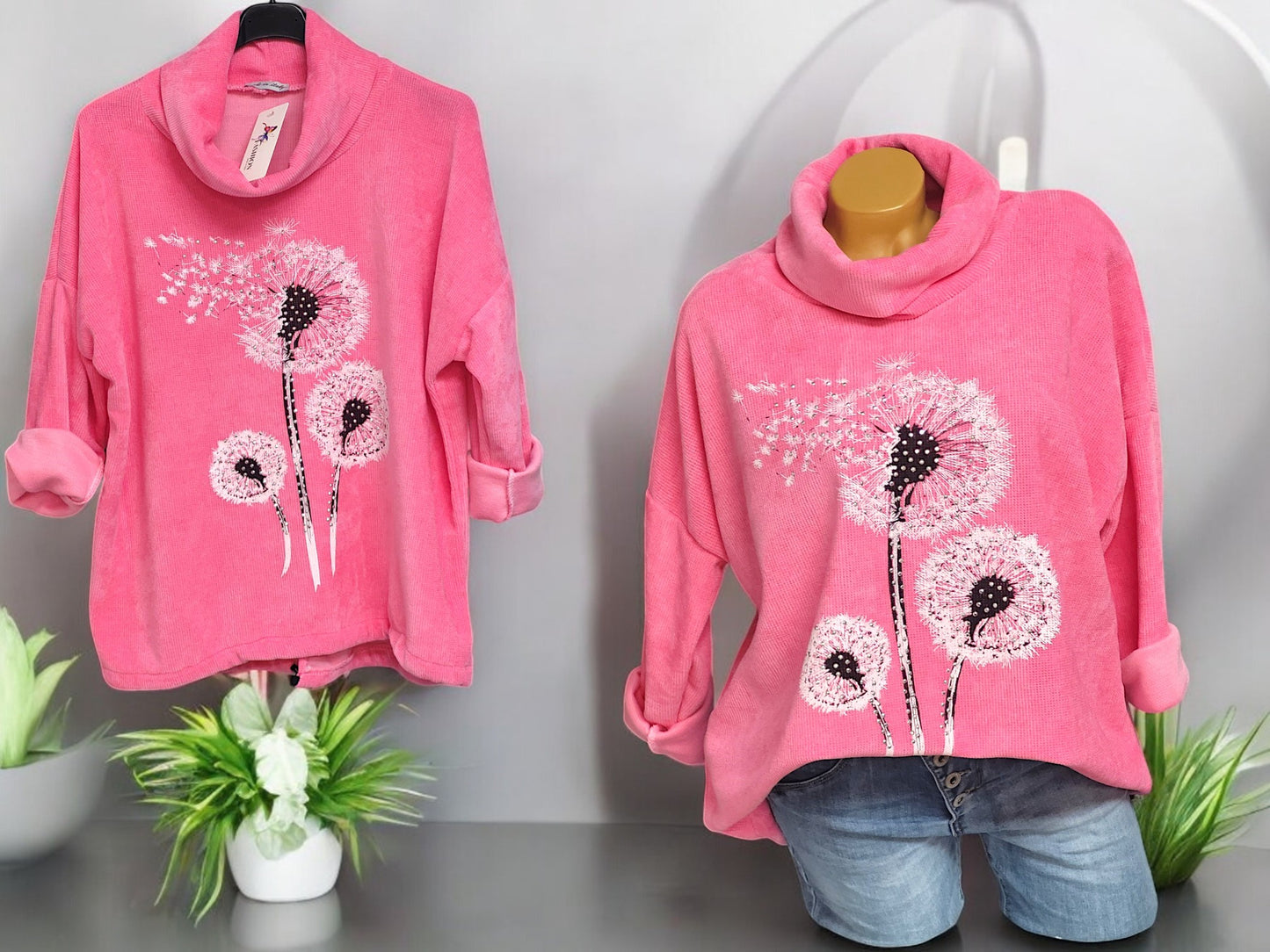 Feincord-Shirt Pusteblume mit Stehkragen Gr. 42 - 46 in versch. Farben