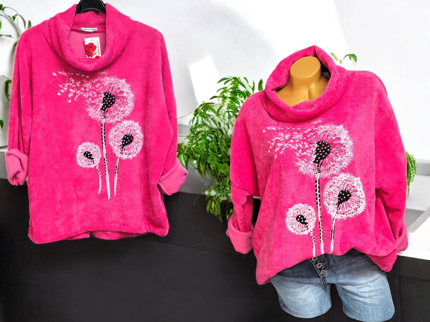 Feincord-Shirt Pusteblume mit Stehkragen Gr. 42 - 46 in versch. Farben