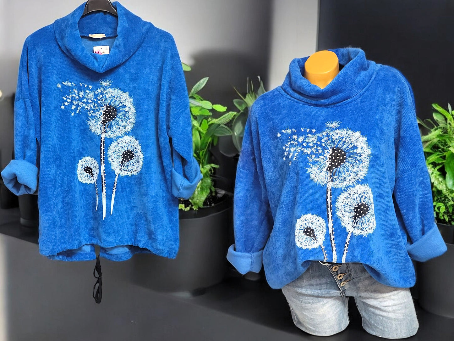 Feincord-Shirt Pusteblume mit Stehkragen Gr. 42 - 46 in versch. Farben