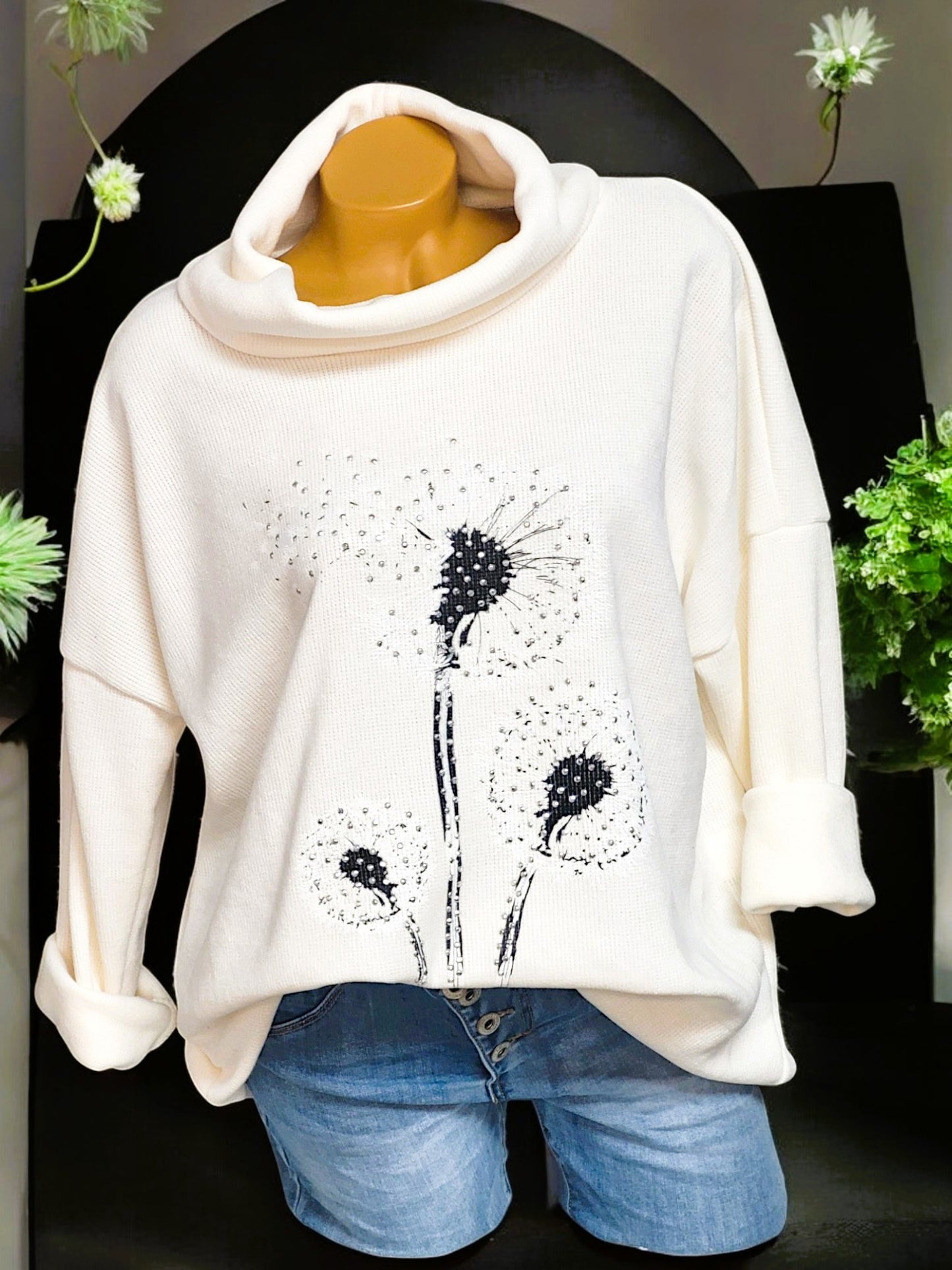 Feincord-Shirt Pusteblume mit Stehkragen Gr. 42 - 46 in versch. Farben