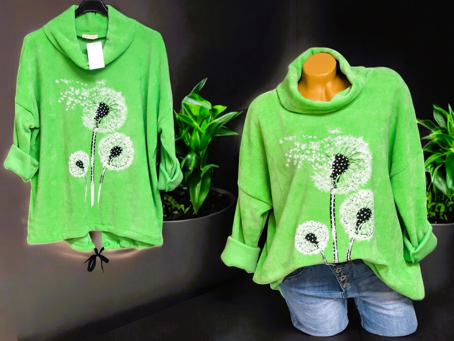 Feincord-Shirt Pusteblume mit Stehkragen Gr. 42 - 46 in versch. Farben