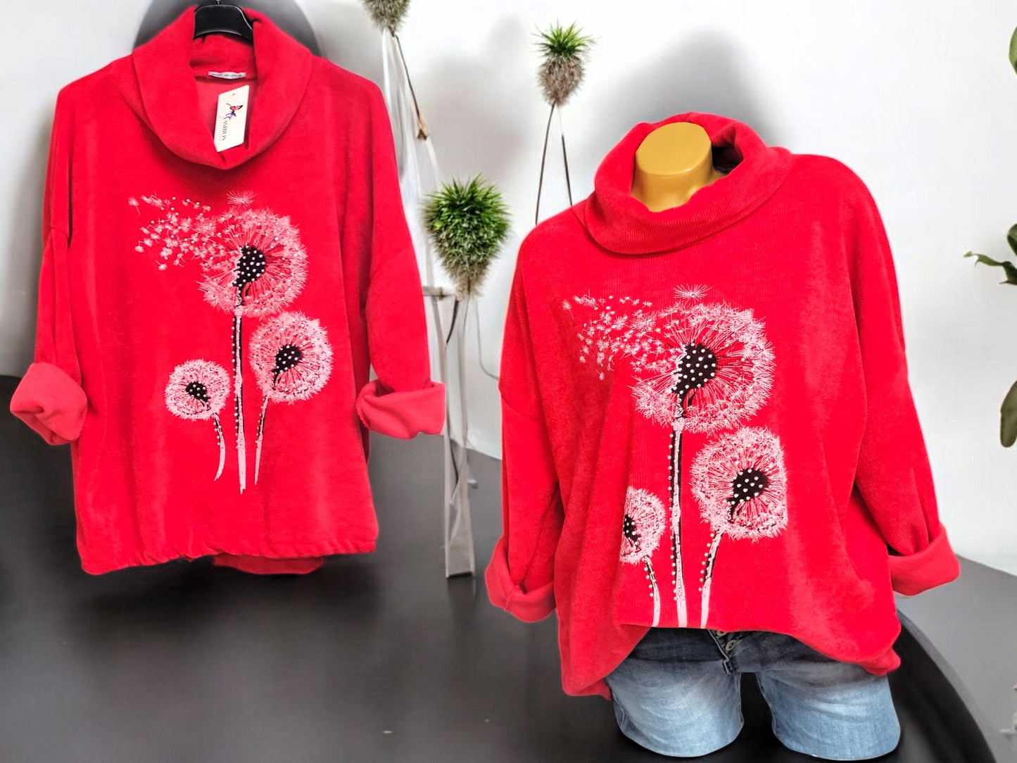 Feincord-Shirt Pusteblume mit Stehkragen Gr. 42 - 46 in versch. Farben