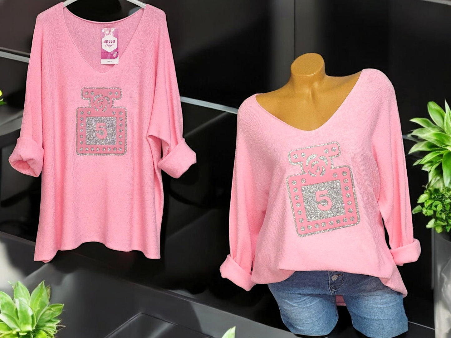 Kuschliger Pullover mit Parfumflaschen-Design Gr. 46 - 50 in versch. Farben