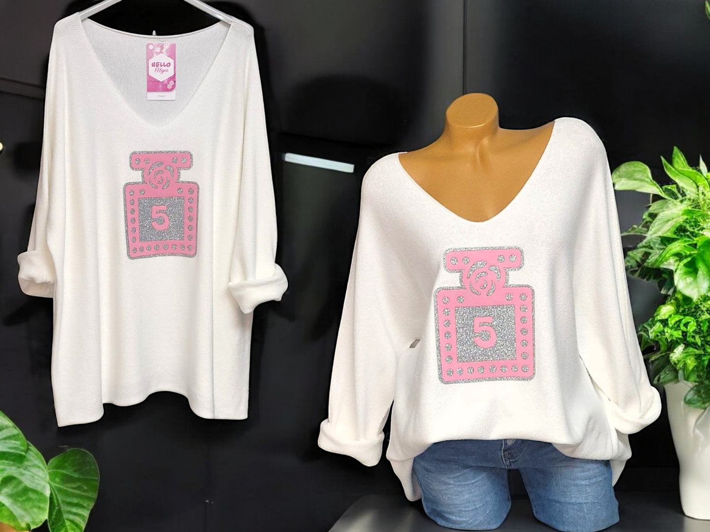 Kuschliger Pullover mit Parfumflaschen-Design Gr. 46 - 50 in versch. Farben