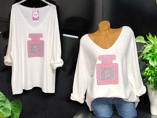 Kuschliger Pullover mit Parfumflaschen-Design Gr. 46 - 50 in versch. Farben