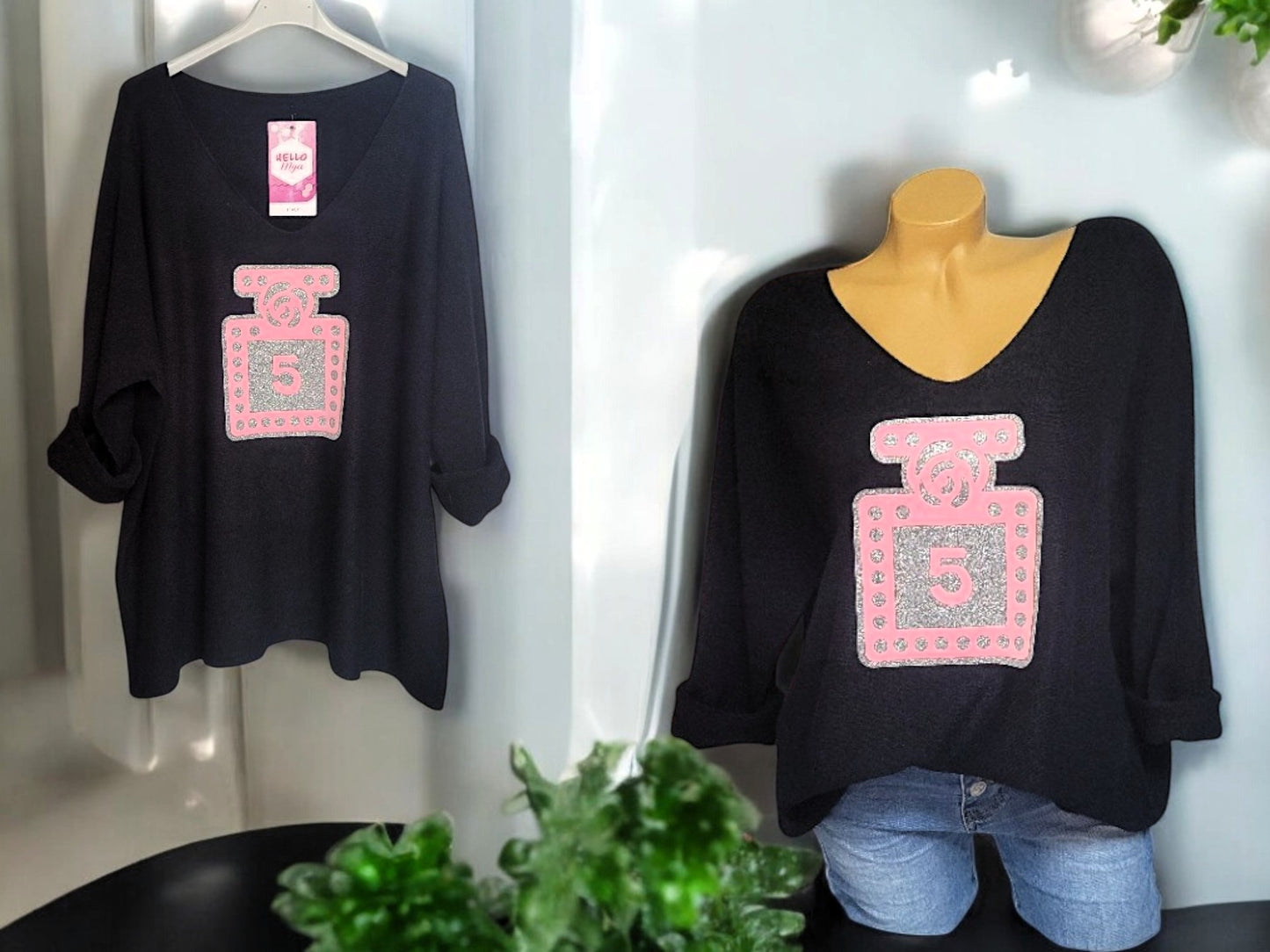 Kuschliger Pullover mit Parfumflaschen-Design Gr. 46 - 50 in versch. Farben