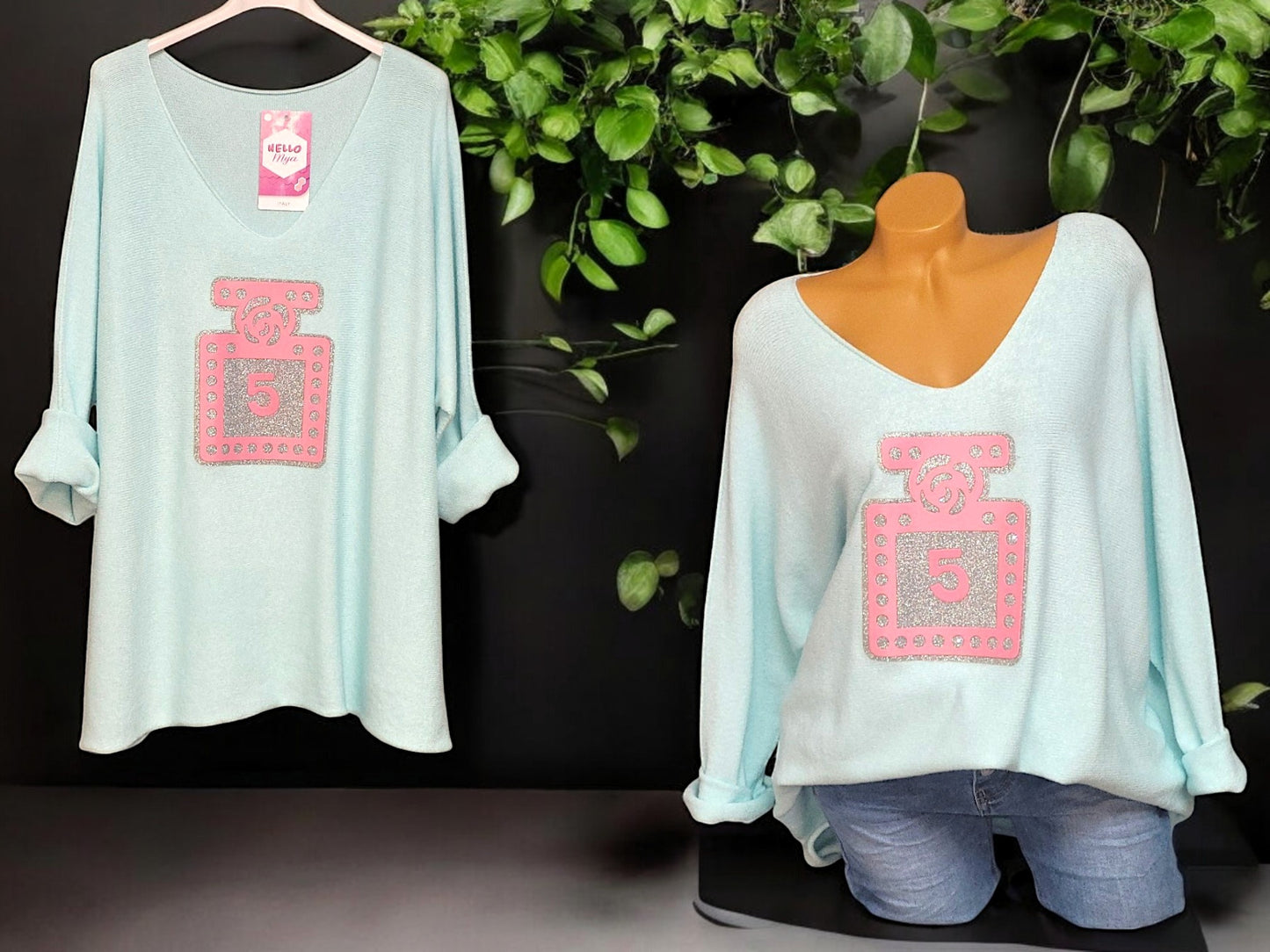 Kuschliger Pullover mit Parfumflaschen-Design Gr. 46 - 50 in versch. Farben