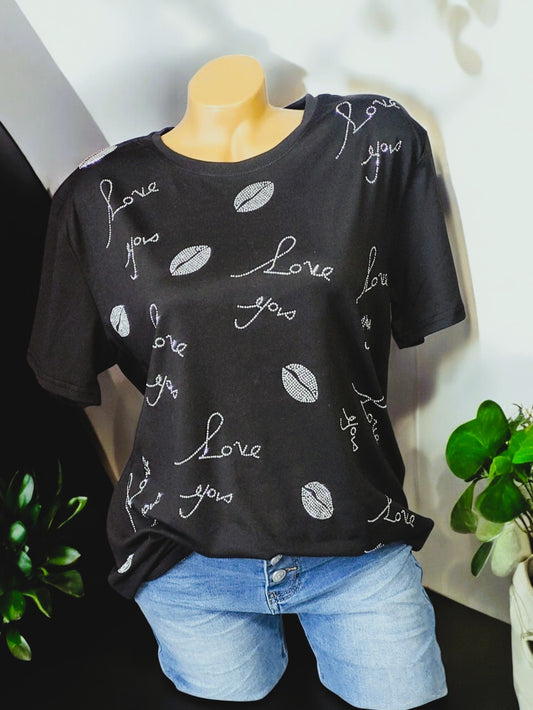 ✨ Damen T-Shirt mit Strass "Love you" | Farben: Schwarz, Weiß, Rosa, Grau | Größen: M/L (36-42), XL/2XL (42-46) ✨
