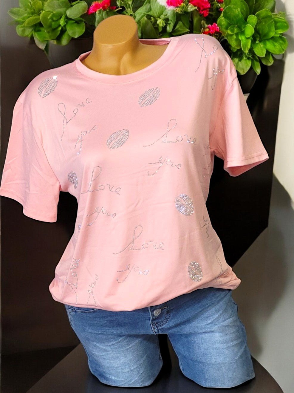 ✨ Damen T-Shirt mit Strass "Love you" | Farben: Schwarz, Weiß, Rosa, Grau | Größen: M/L (36-42), XL/2XL (42-46) ✨