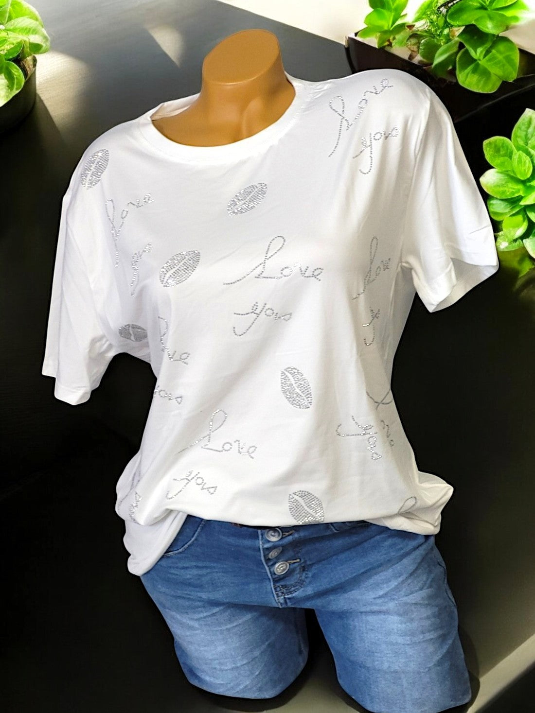✨ Damen T-Shirt mit Strass "Love you" | Farben: Schwarz, Weiß, Rosa, Grau | Größen: M/L (36-42), XL/2XL (42-46) ✨