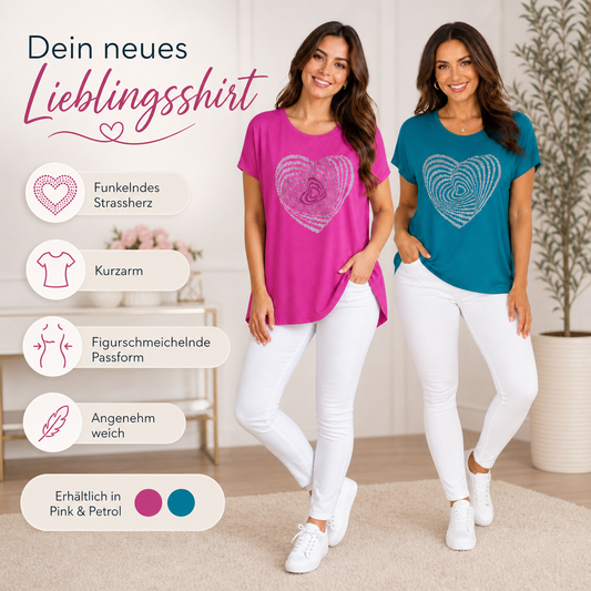 ✨ Damen Kurzarmshirt Gr. 42–46 💖 Funkelndes Strassherz 💎 Baumwoll-Lycra Shirt in Pink oder Petrol 🌸💙✨
