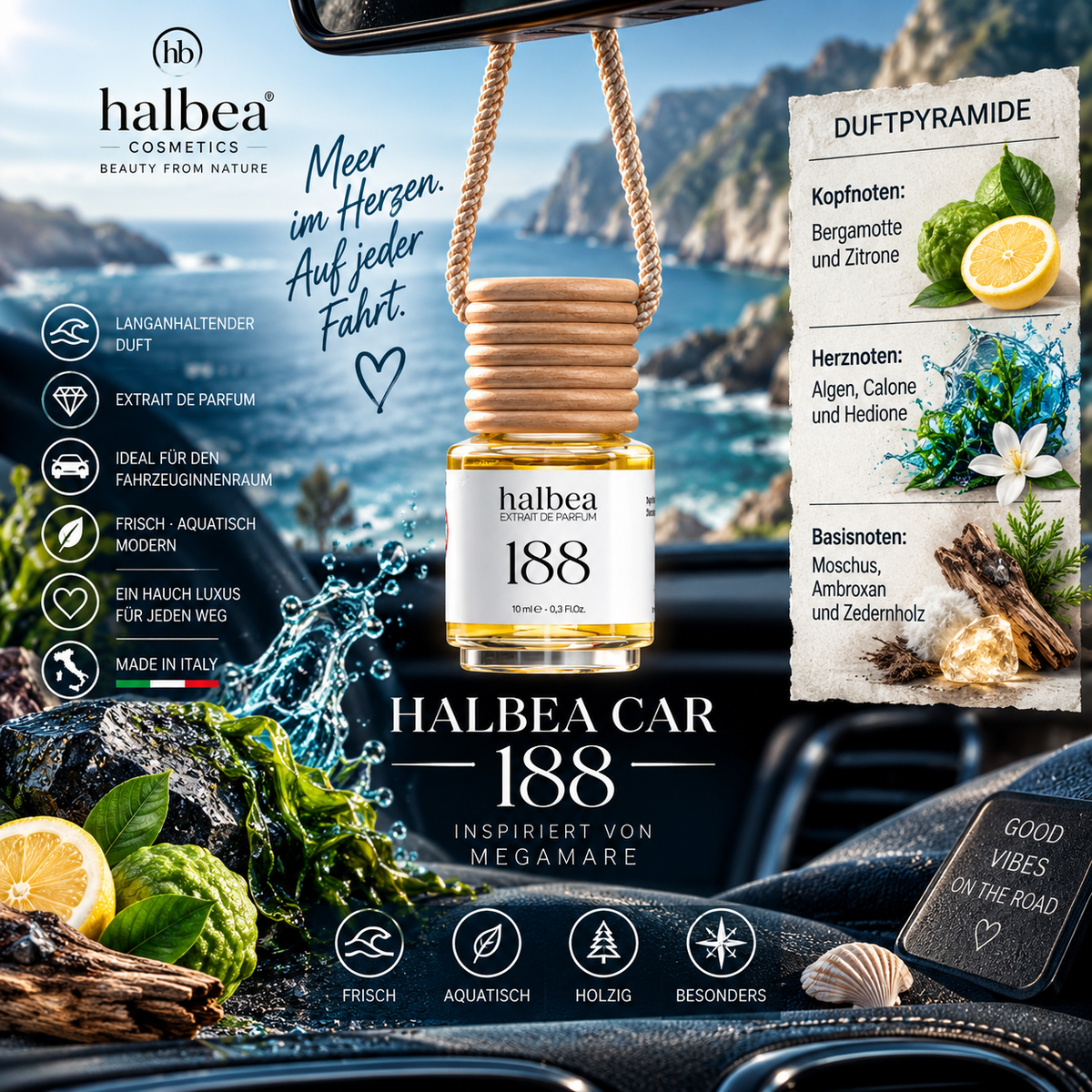 🌊🚗 Halbea Car 188 – Auto-Duft 10 ml | Extrait de Parfum 🚗🌊Duftcharakter von Megamare – Orto Parisi