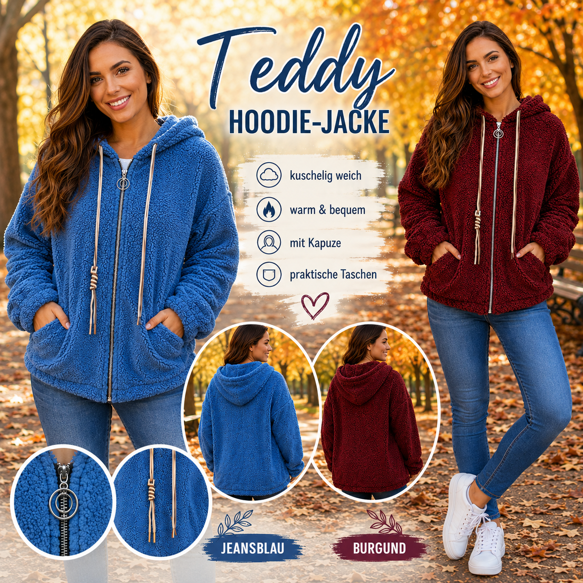 🧸 Teddy-Kapuzenjacke – 5 Farben – Gr. 38–46 tragbar ✨