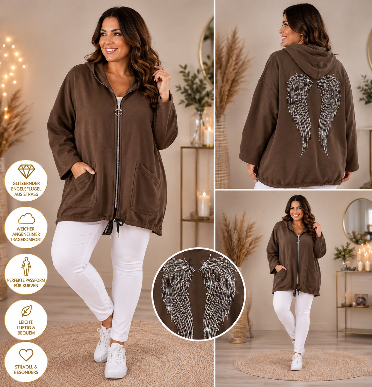 💎 Damen Longjacke Gr. 46–52 | Butterstoff | Strass-Engelsflügel | 5 Farben 👼✨