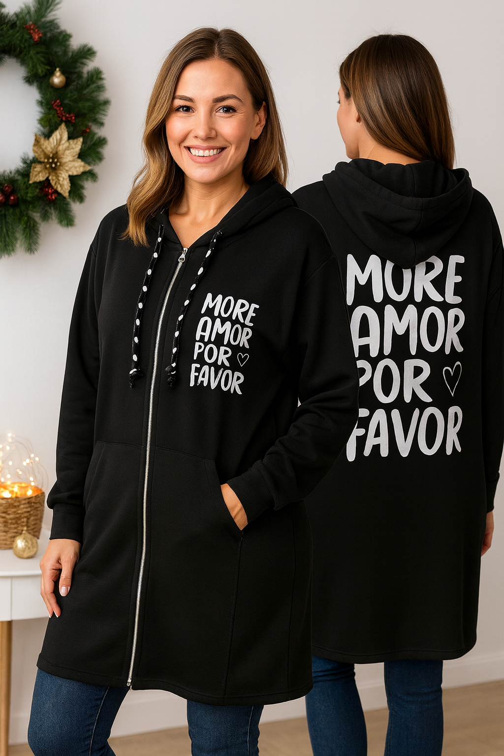 ✨ Sweatjacke mit Kapuze & Statement-Print "MORE AMOR POR FAVOR" 🌸  Gr. 38-46 | 2 Farben zur Auswahl 🖤🤎🤍🌿
