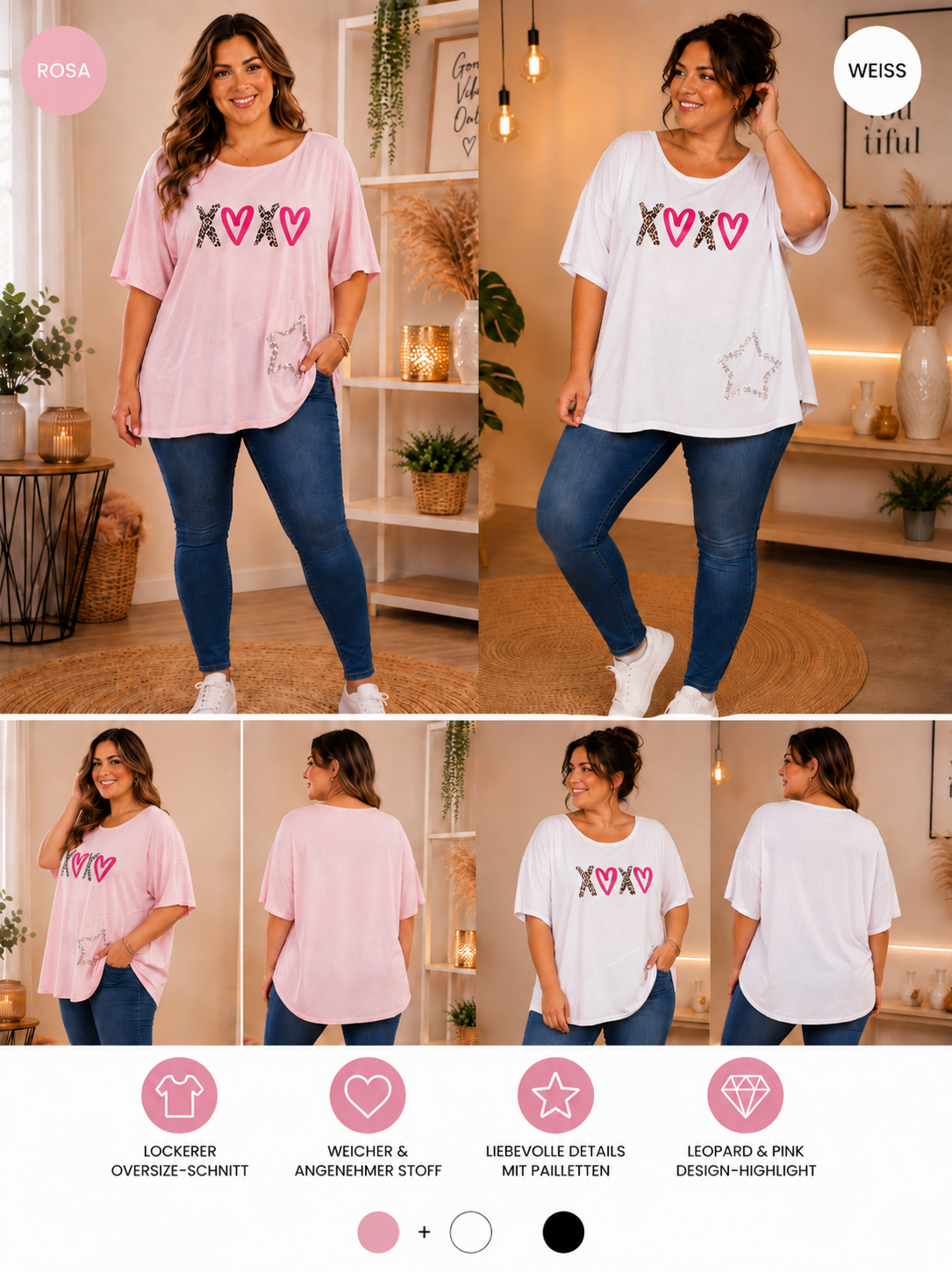 💕 Oversize Shirt „XOXO“ mit Pailletten-Stern – Rosa & Weiß