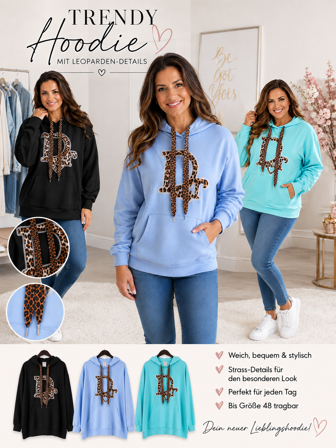 ✨ Stylischer & Bequemer Hoodie mit Leo-Details – Gr. 42–48 – in 4 Farben