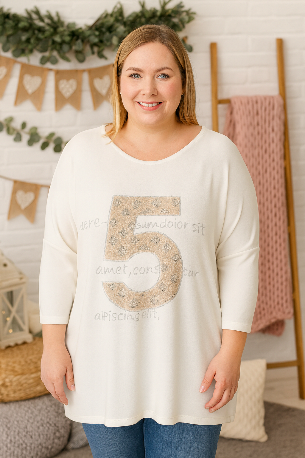✨ Feinstrick-Pullover mit Glitzer-Print „5“ – Gr. 52–56 – in 3 Farben ✨