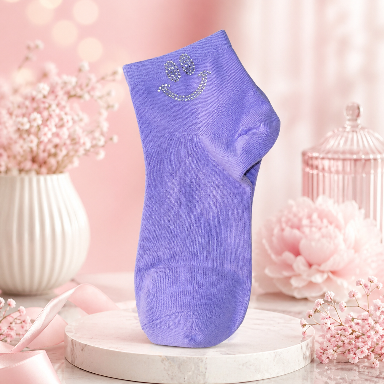 Damen Sneaker-Socken mit Strass-Smiley ✨ Größe 38–41 | 5 Farben erhältlich 🌈