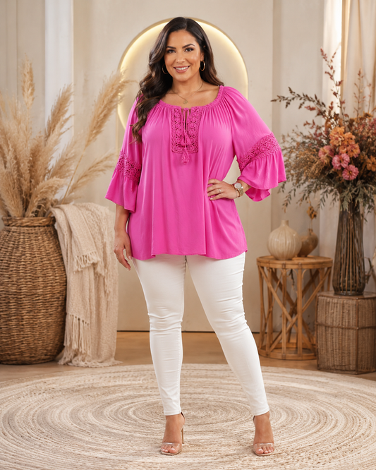 💕 Tunika in Pink mit Häkelspitze – Gr. 38–46 – luftig & feminin 🌸