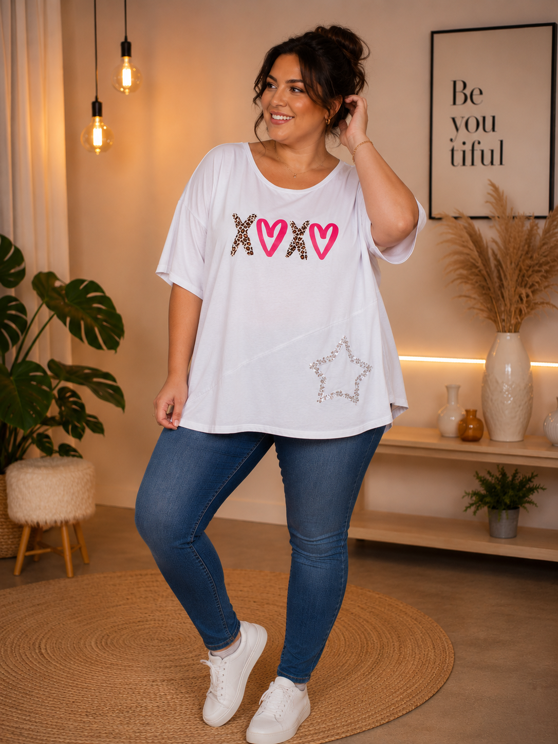 💕 Oversize Shirt „XOXO“ mit Pailletten-Stern – Rosa & Weiß