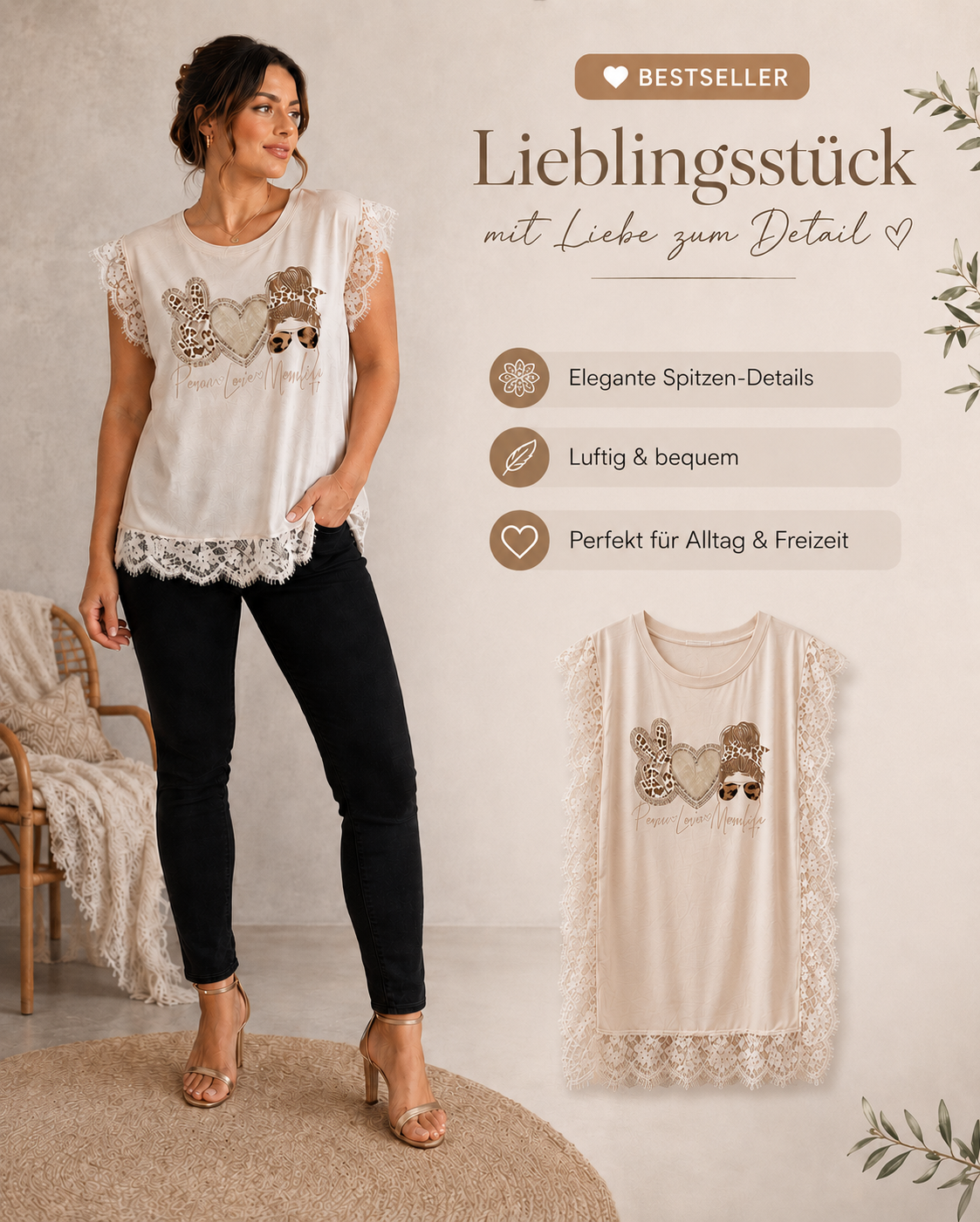 🤍 Damen Spitzenshirt „Peace Love Momlife“ – Gr. 38–42 🤍