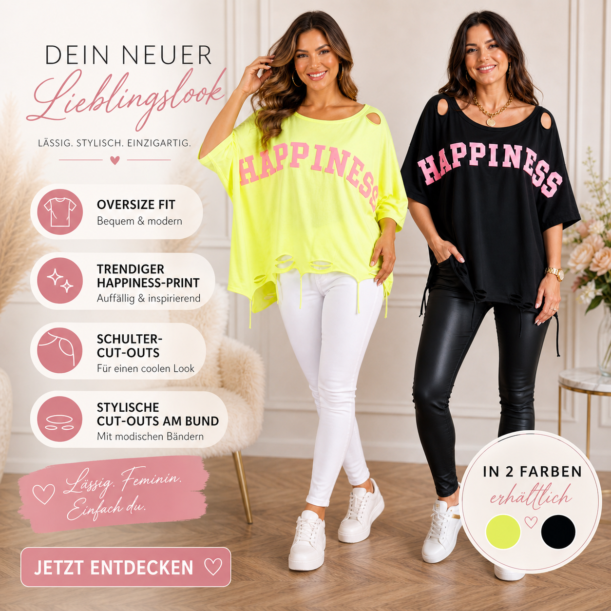 💖 HAPPINESS Oversize-Shirt – dein neues Lieblingsshirt für gute Laune 💖Gr. 38-44