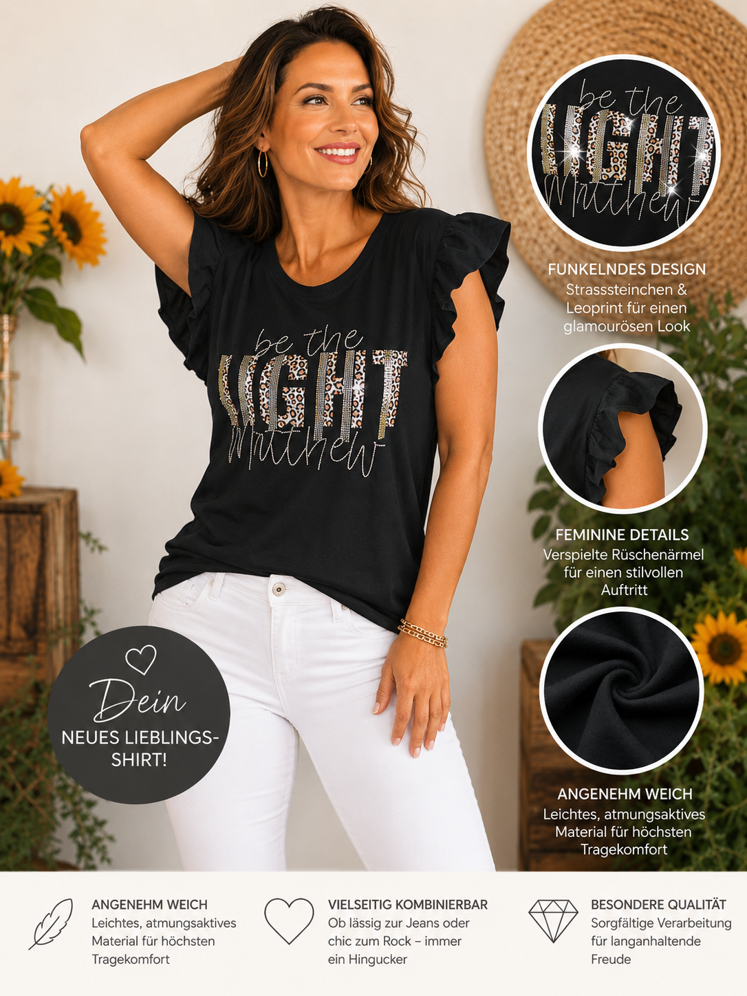 ✨ Zauberhaftes Shirt „BE THE LIGHT“ mit Strass & Leo-Details ✨  Gr. 36–42🔥🛍️