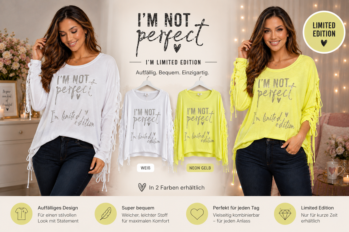 ✨ Limited Edition Damen Statement-Shirt „I’M NOT PERFECT“ 💖 | Weiß & Neon Gelb | Gr. 38–44🔥