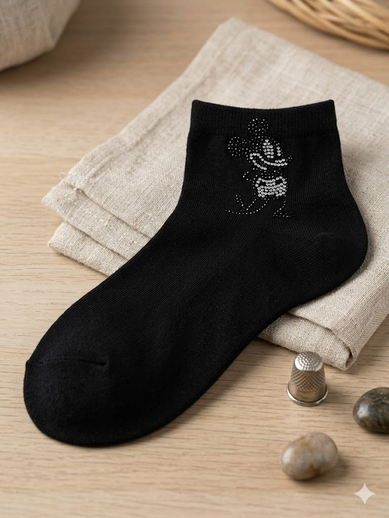 Damen Socken mit Strass-Motiv Mickey-Style – Größe 38-41 – 3 Farben 🖤💗🤍