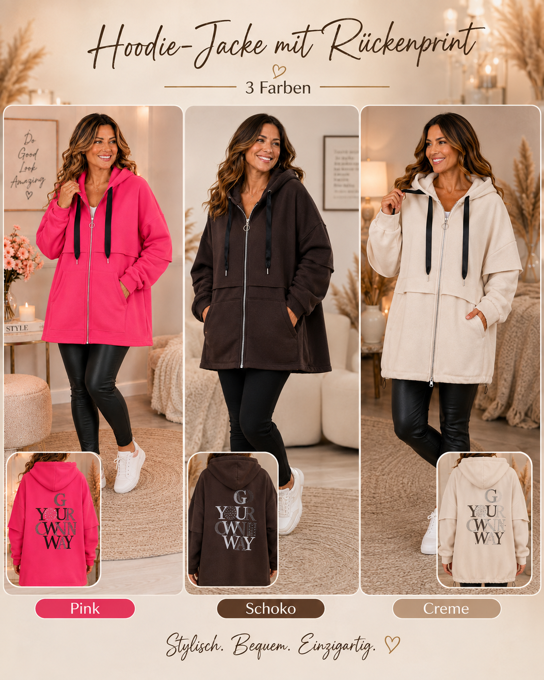 🧥 Damen Kapuzenjacke „YOUR OWN WAY“ – in 3 Farben | Gr. 44–48
