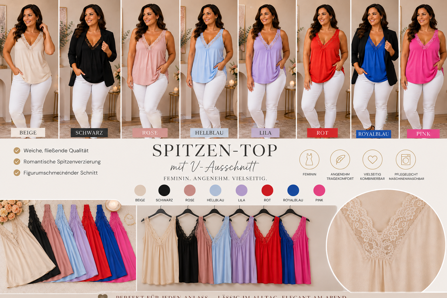 ✨ Spitzen-Top mit V-Ausschnitt & Spitze – Größen 44–48 – 95 % Viskose ✨