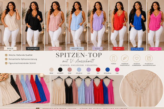 ✨ Spitzen-Top mit V-Ausschnitt & Spitze – Größen 44–48 – 95 % Viskose ✨