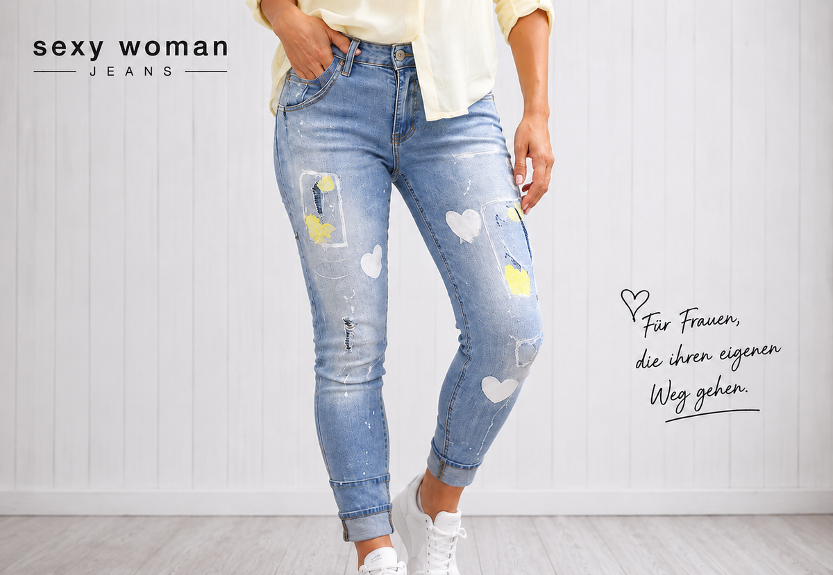 💙 Sexy Woman Jeans – Statement-Jeans mit Herzen & Farbdetails 💛🤍