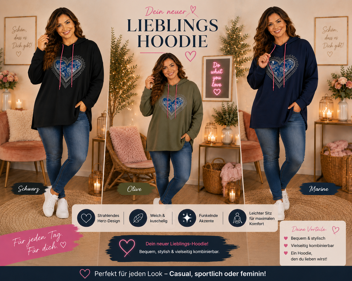💖 Damen Oversize Hoodie „Herz“ – Gr. 46–52 | 3 Farben 💖