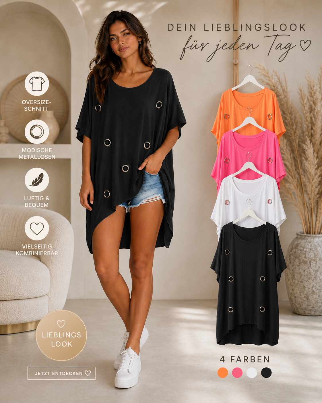 ✨ Oversize Eyelet Shirt Gr. 42–48 | 4 Farben 🧡💗🤍🖤💕