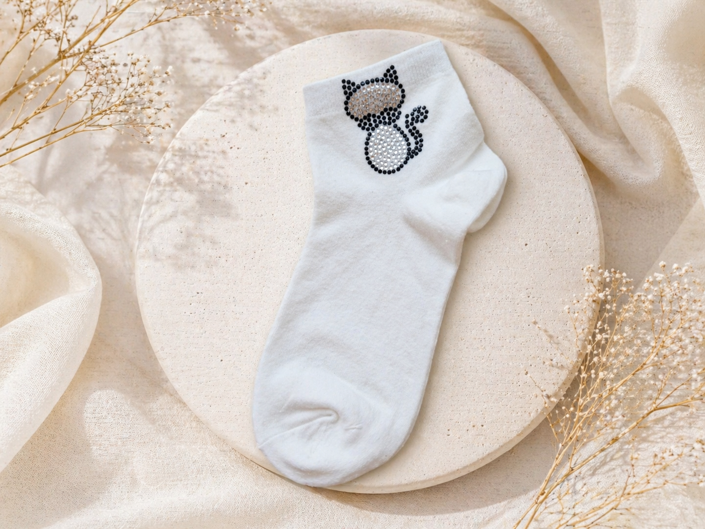 Damen Sneaker-Socken mit Strass-Katzenmotiv 🐱✨ | Größe 38–41 | 2 Farben: Schwarz & Weiß