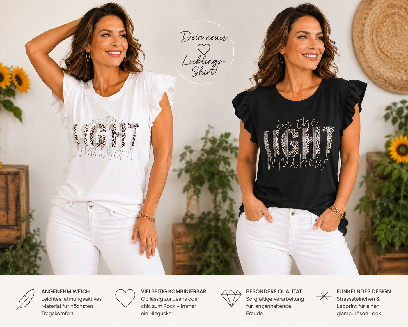 ✨ Zauberhaftes Shirt „BE THE LIGHT“ mit Strass & Leo-Details ✨  Gr. 36–42🔥🛍️