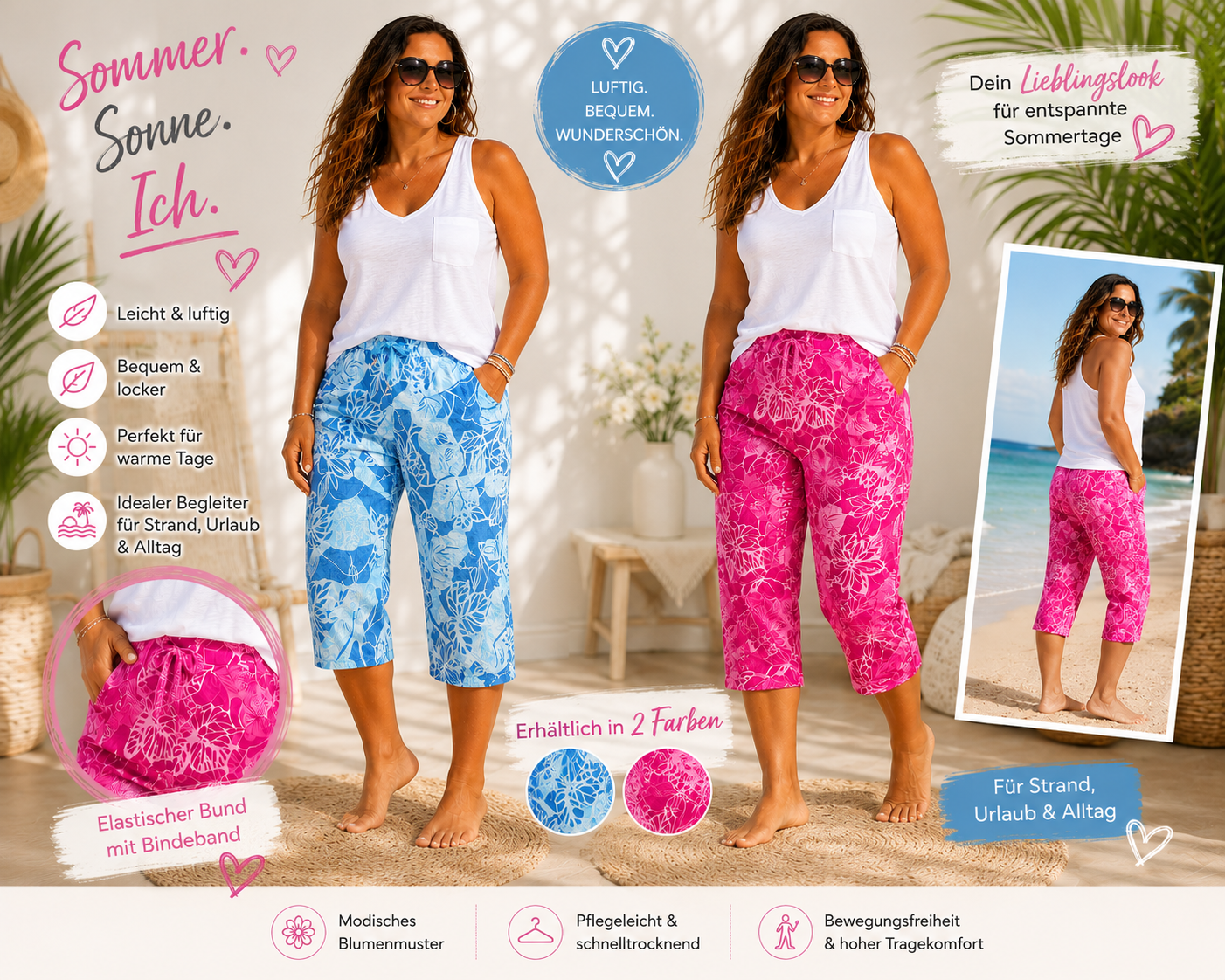 🌸 Capri-Hose mit Blumenprint Gr. 42–48 | 2 Farben| Sommerliebling ☀️💙💗