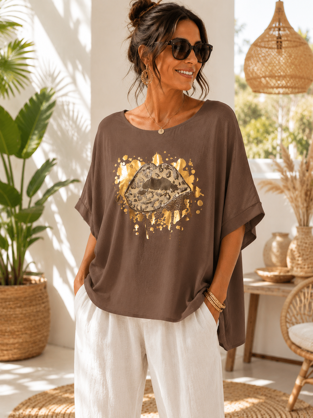 💋✨ Oversize Statement-Shirt mit Leo-Lips Print – Gr. 42–46 ✨💋