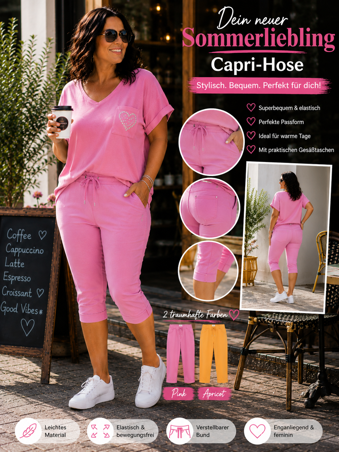 🌸✨ Capri Jogpant mit Gesäßtaschen – 2 traumhafte Farben – Gr. 44–48 ✨🌸